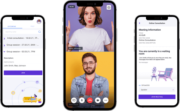 3veta mobile app on three phones: upcoming meetings, a two-person video call and a waiting room