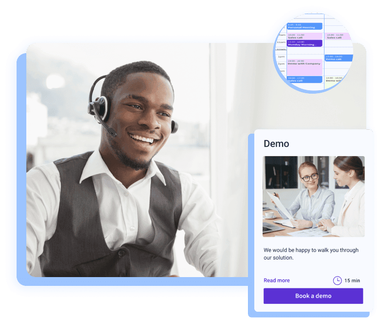 Smiling man with a headset, a team calendar and a Book a demo booking card