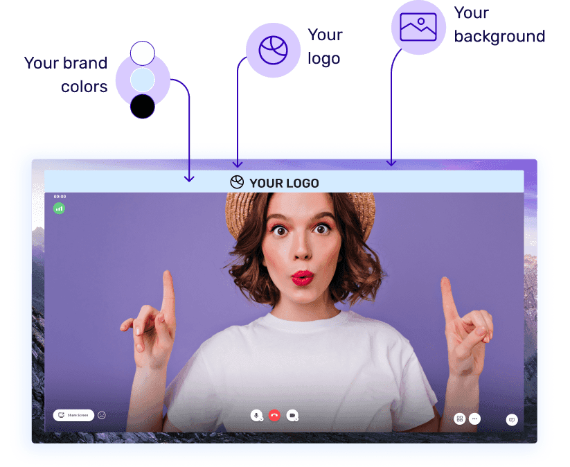 Video call branded with your brand colors, your logo and your background
