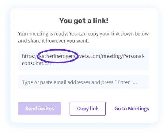 You got a link! dialog with a personal meeting link and options to send invites or copy the link