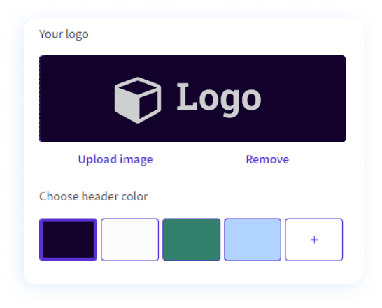 Logo upload with a logo placeholder and a header color picker