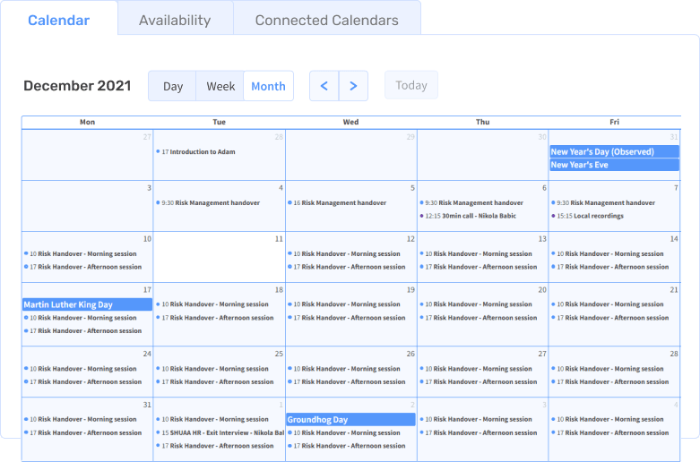 3veta calendar in month view with sessions on most days
