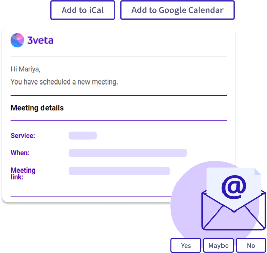 3veta meeting confirmation email with Add to iCal and Add to Google Calendar buttons