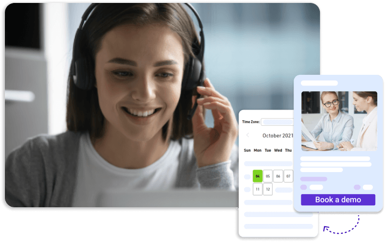 Woman with a headset smiling, beside a date picker and a Book a demo booking card