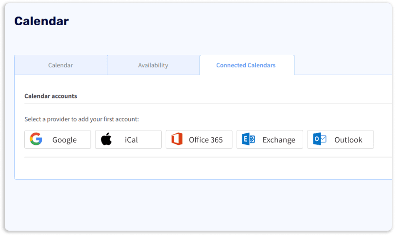3veta Connected Calendars tab with Google, iCal, Office 365, Exchange and Outlook