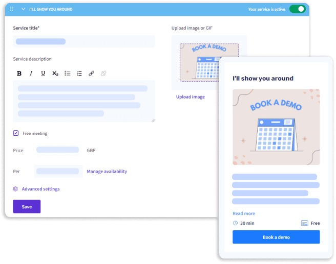 3veta service editor with title, description, price and image, beside the booking card it creates