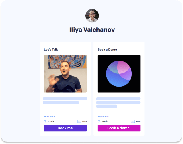 Iliya Valchanov's booking page with Let's Talk and Book a Demo services