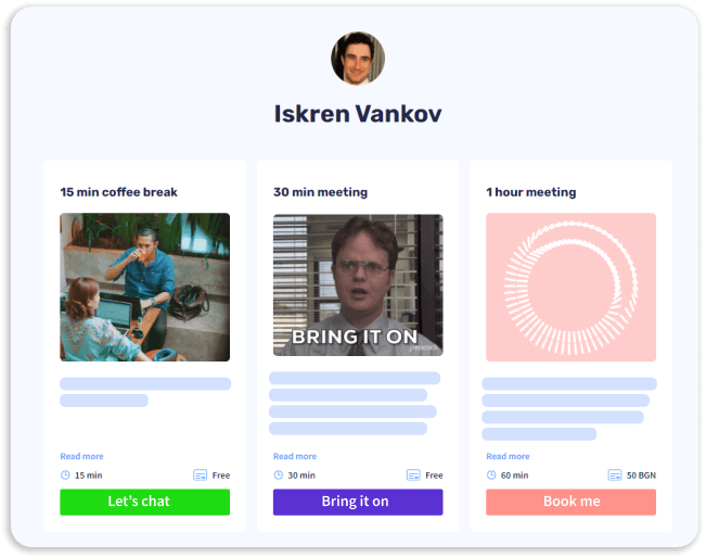Iskren Vankov's booking page with three services of 15, 30 and 60 minutes