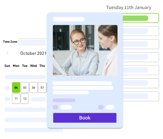 Booking card with a Book button over a date picker and a list of available times