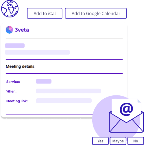 3veta meeting invitation email with calendar buttons, a globe icon and Yes, Maybe, No replies