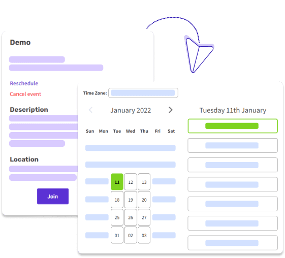 Demo meeting with Reschedule and Cancel event options, beside a date and time picker