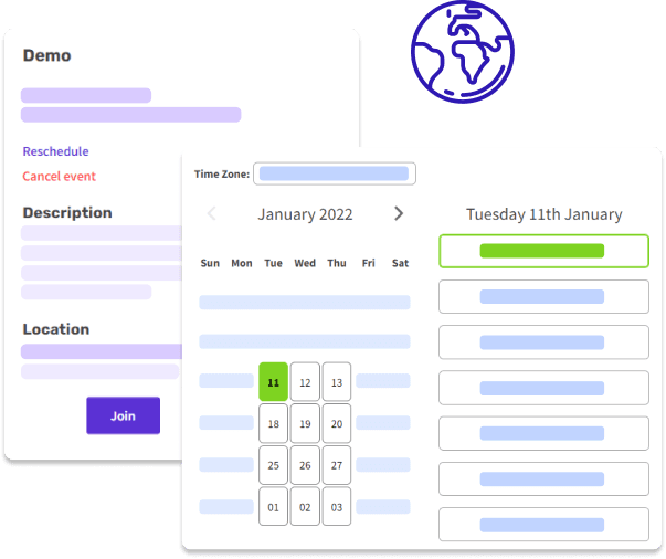 Demo meeting details beside a time zone, date and time picker, with a globe icon