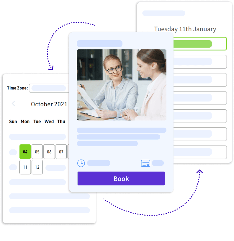 Booking flow from a booking card to a date picker and a list of available times