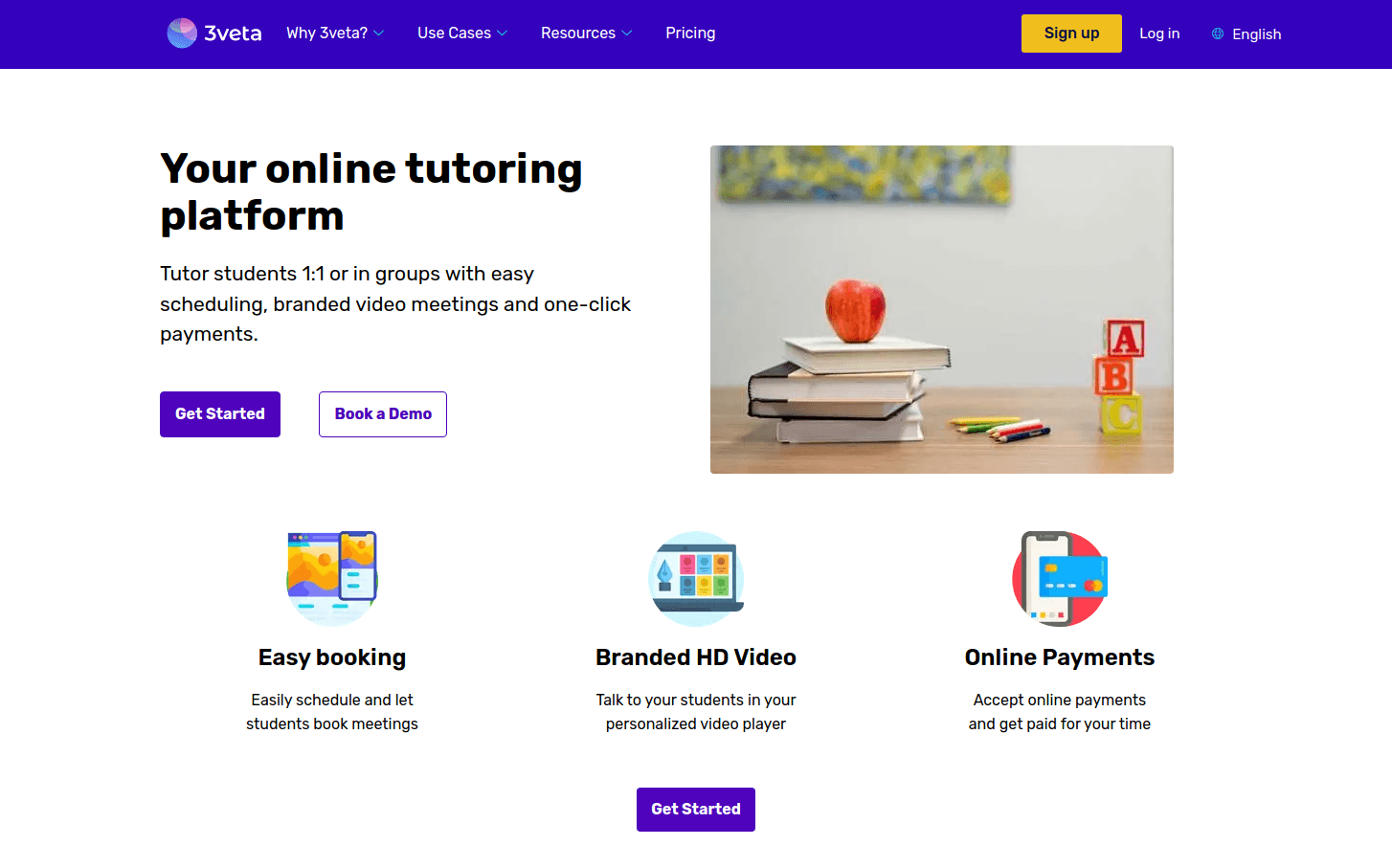 3veta online tutoring page with easy booking, branded HD video and online payments