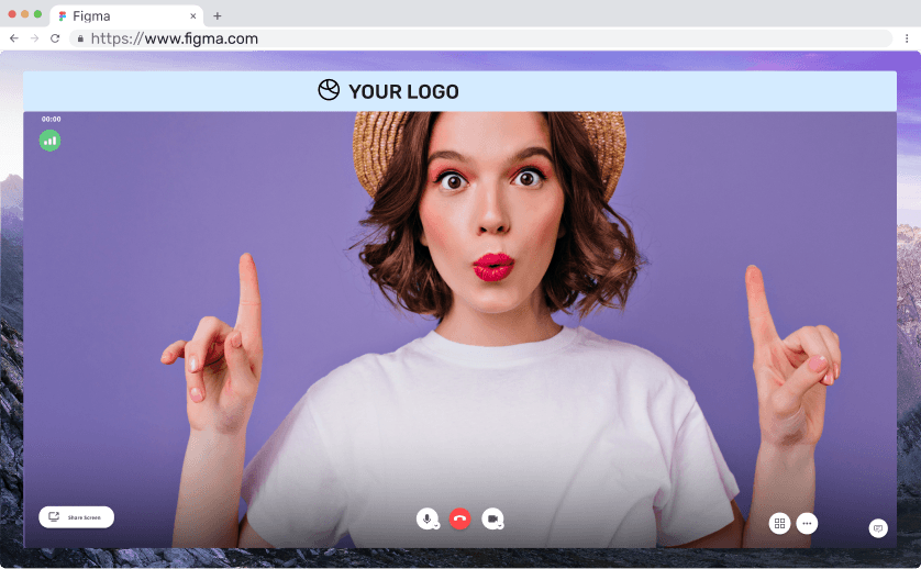 Branded video call in a browser with your logo above a woman pointing upward