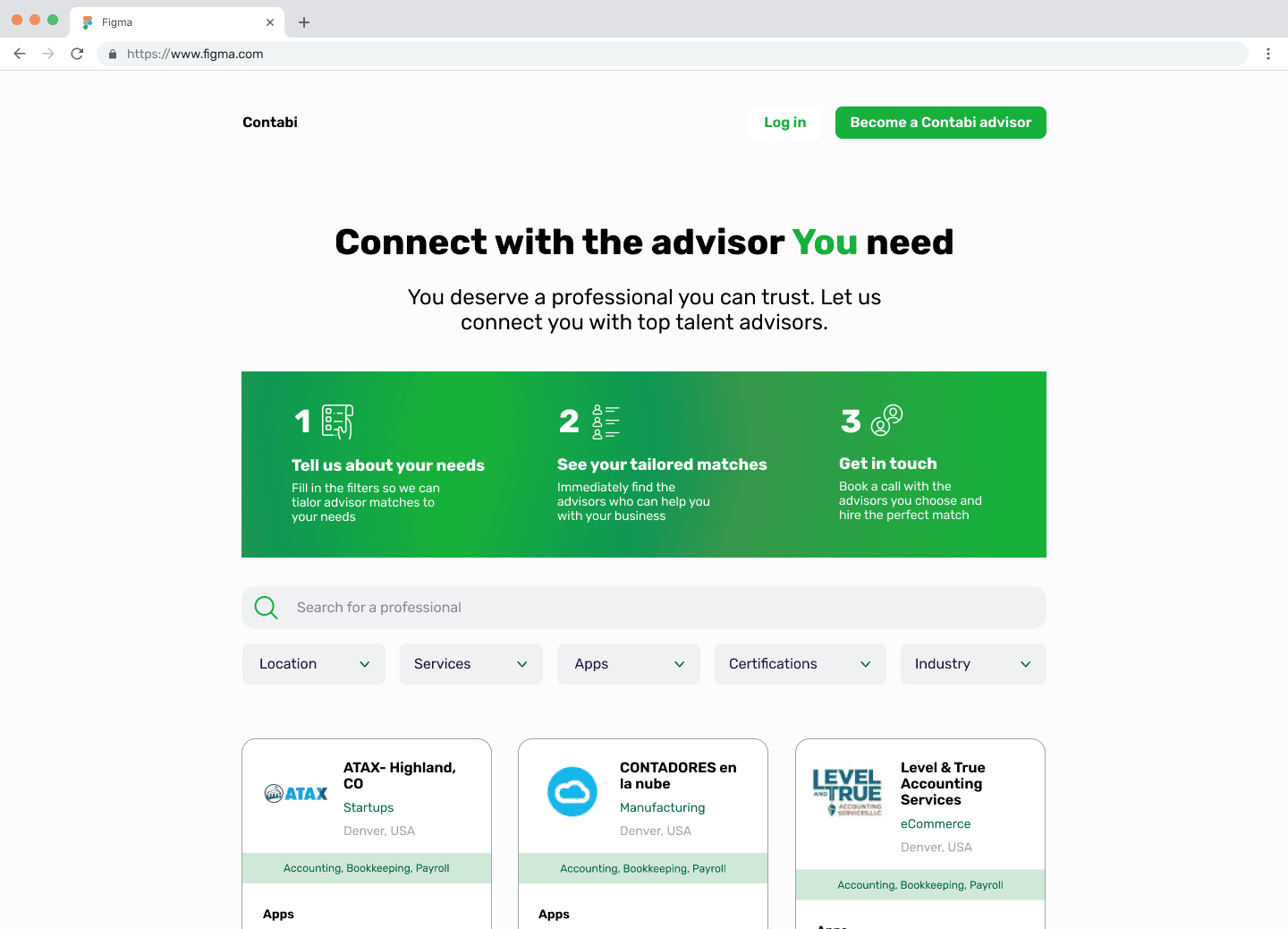 Contabi marketplace home page: Connect with the advisor you need, with search filters and advisor cards