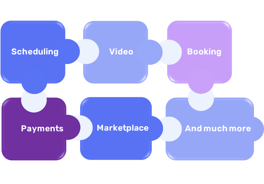 Puzzle pieces for the modules: scheduling, video, booking, payments, marketplace and much more