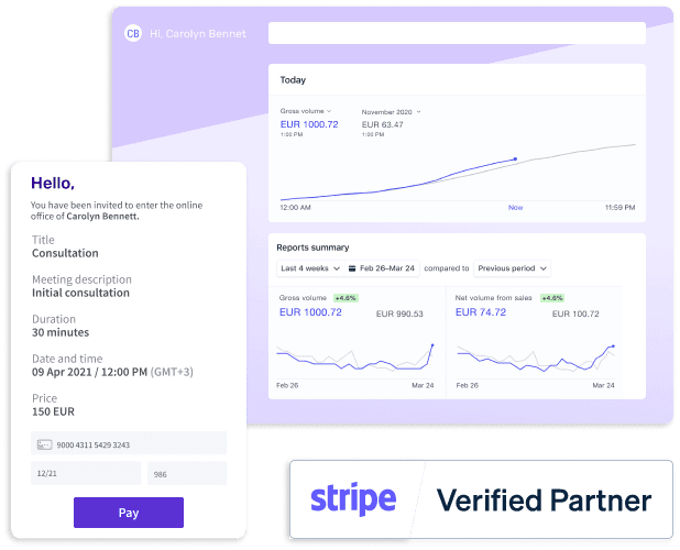 Meeting invitation with card payment form, Stripe reports dashboard and Stripe Verified Partner badge