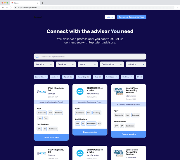 Contabi advisor marketplace in a dark theme, with filters and advisor cards with Book a service buttons