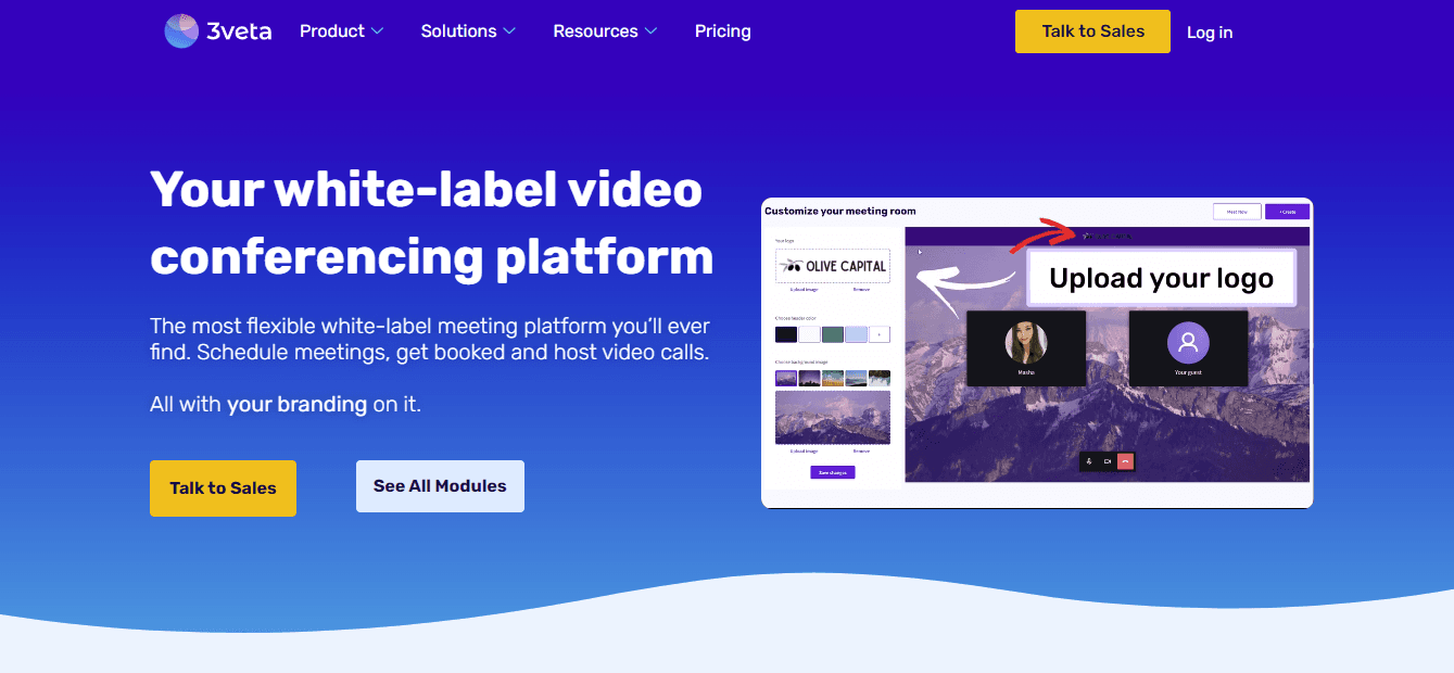 3veta white-label video conferencing page with the meeting room customizer and Upload your logo