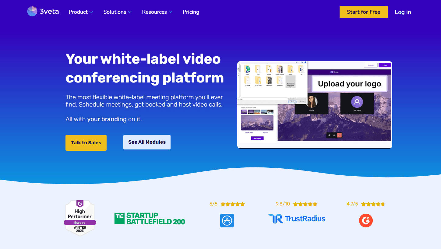 3veta white-label video conferencing page with Upload your logo, above review badges