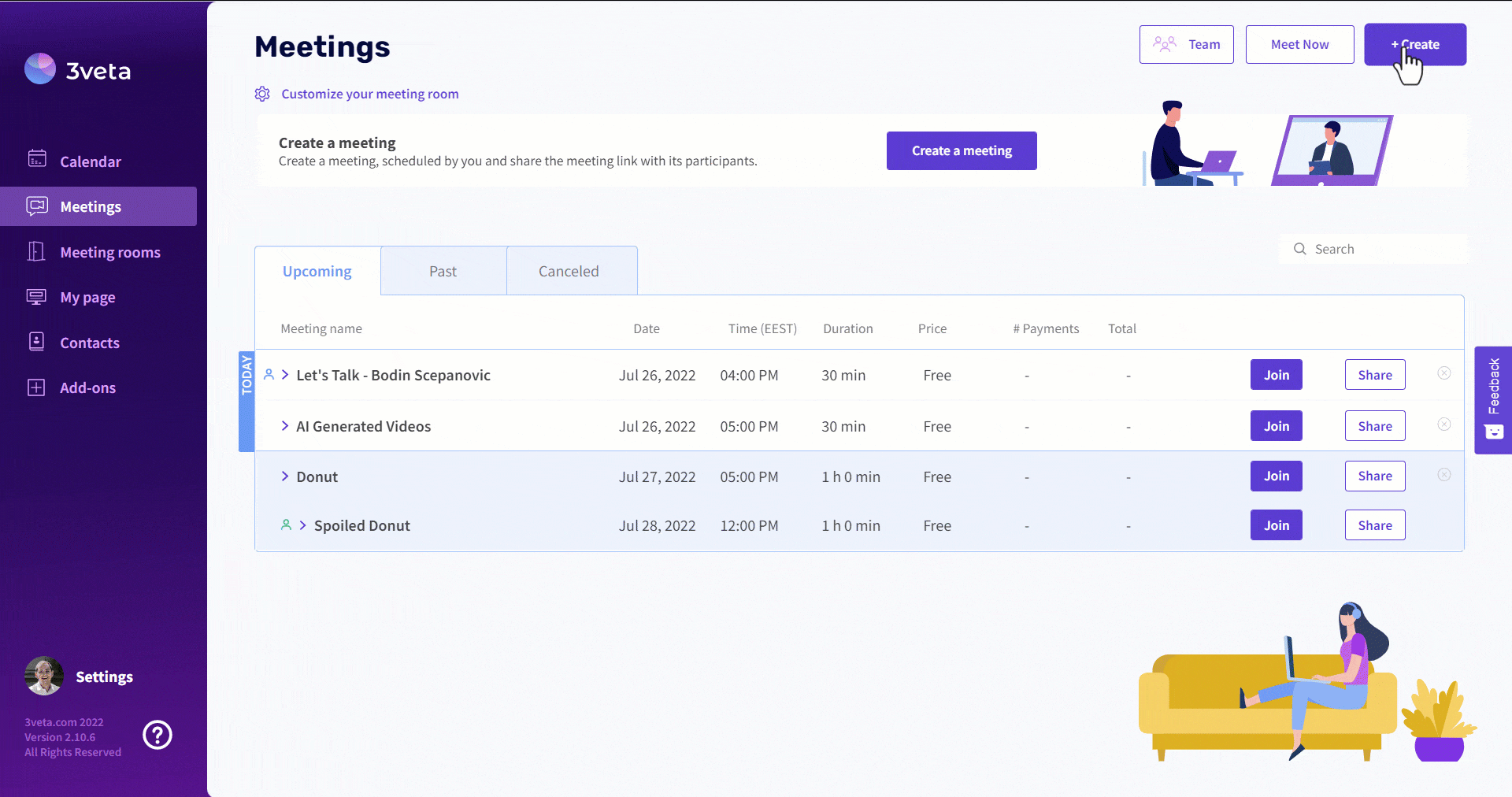 Create a new meeting in the 3veta web app